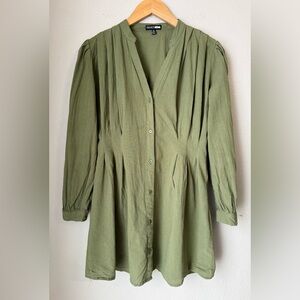 Fashion Nova Sage Green Button Up Dress Womens Size XS V Neck Long Sleeves